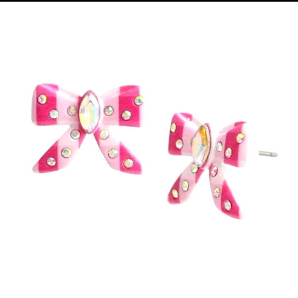 Betsey Johnson Gingham Pink Bow Stud Earrings